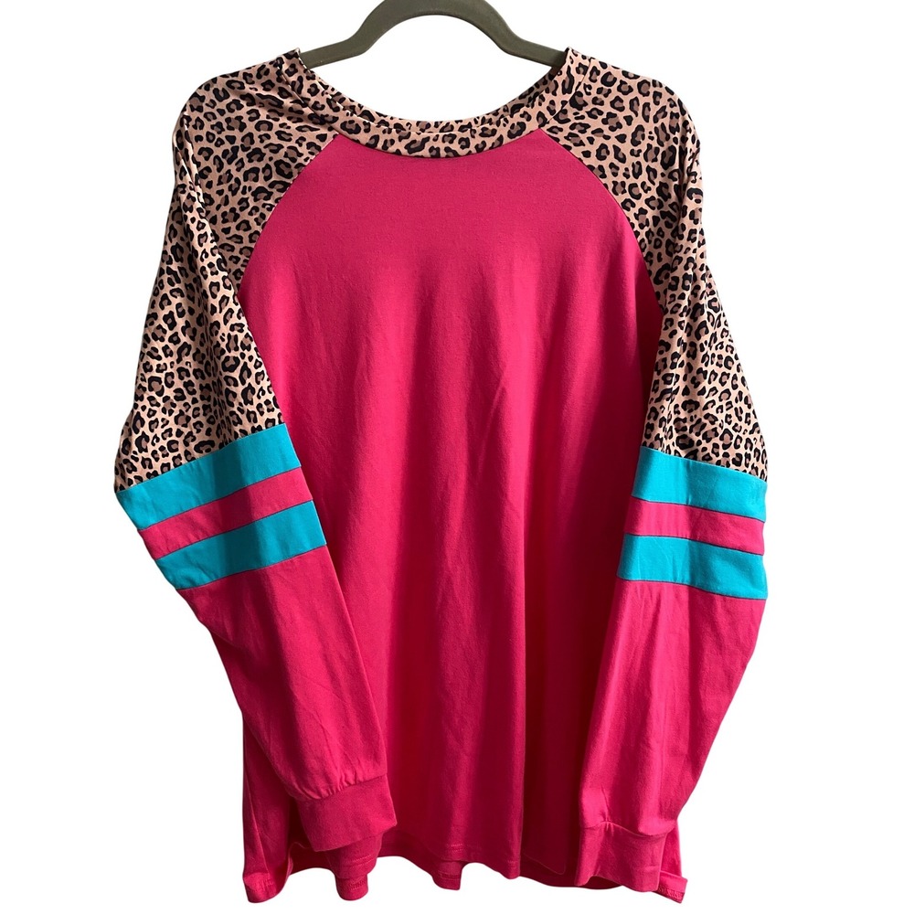 Southern Stitch Women's 2XL Pink Leopard Raglan Long Sleeve Top Turquoise Stripe